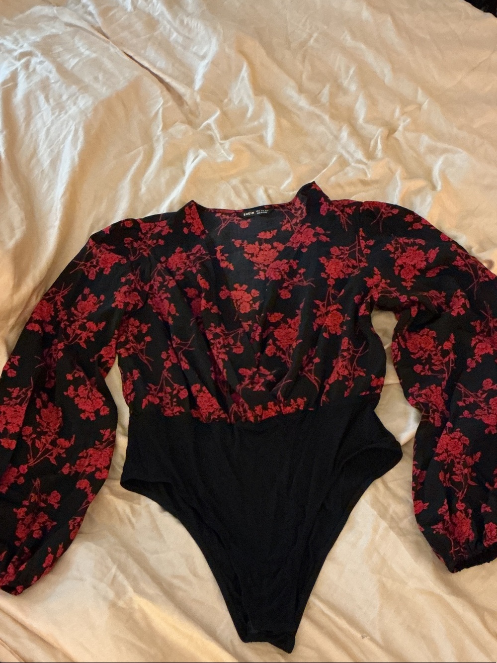 SHEIN Black One-Piece Bodysuit with Red Floral Print